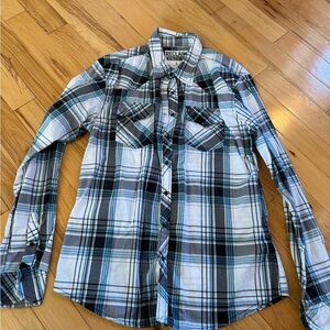 Buckle Blue and White Plaid Casual Button Down Shirt